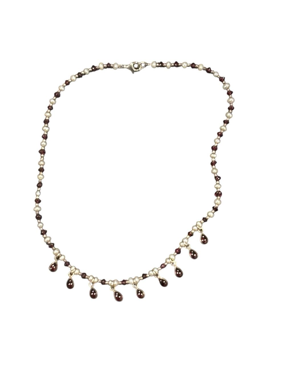 Sterling Silver 925 Garnet Teardrop Fringe Freshwater Pearl Necklace 18"